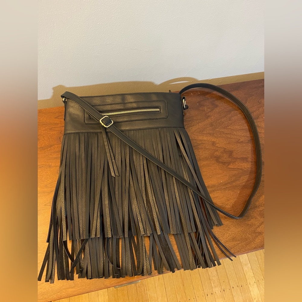Gorgeous Fringe Faux Leather Large Crossbody Bag- Black Gold Tone Hardware
